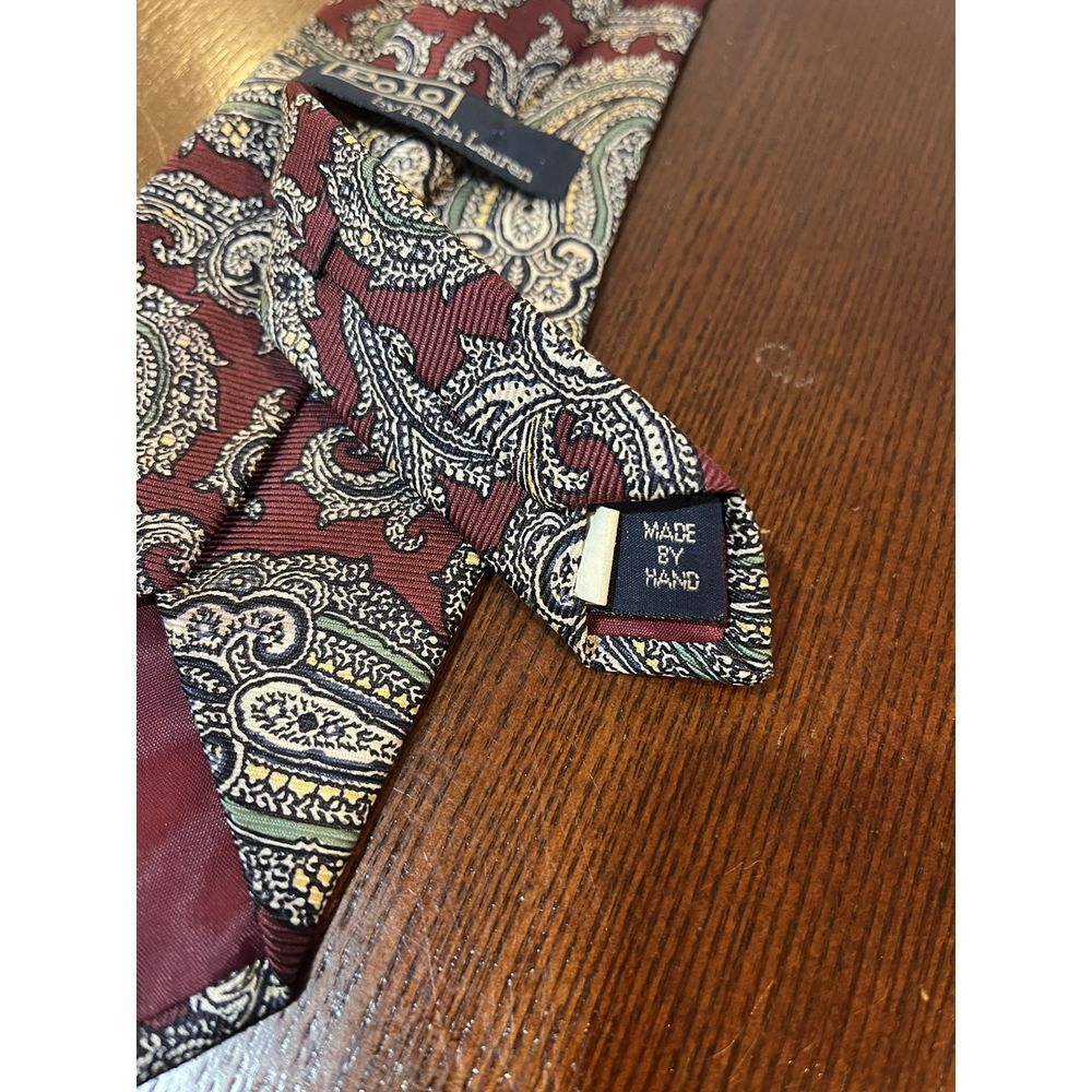 Polo Ralph Lauren Hand Made in USA 100% Silk Paisley Neck Tie Red Green White - Picture 5 of 7